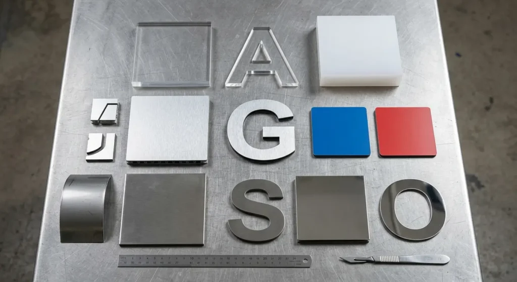 Acrylic and aluminum materials used for 3D signage fabrication.
