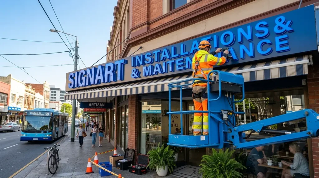 Technician installing custom 3D signs on a Brisbane shopfront.