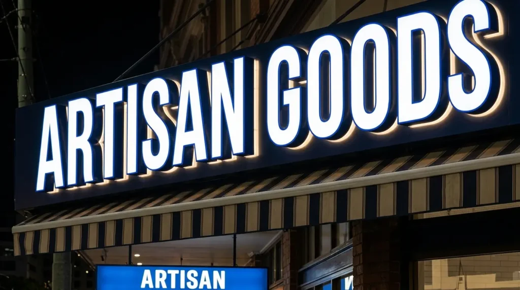 Illuminated 3D signs glowing at night on a Brisbane storefront.
