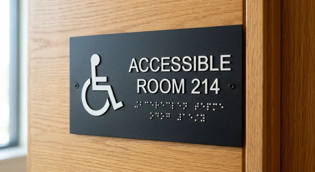 Close-up of black matte mounted on a wood-paneled wall, featuring an international wheelchair symbol, raised lettering, and tactile Braille dots.