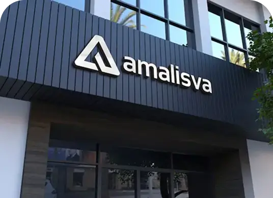 Modern 3D silver business logo and text reading amalisva mounted on dark slatted exterior building signage Brisbane.