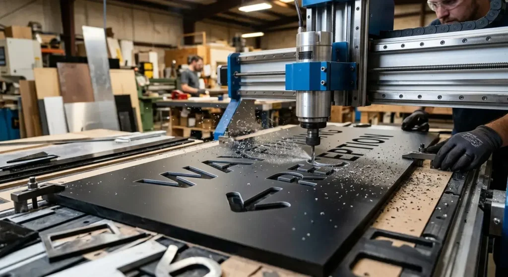 Precision CNC router cutting black acrylic directional lettering for custom wayfinding signage in a sign workshop.