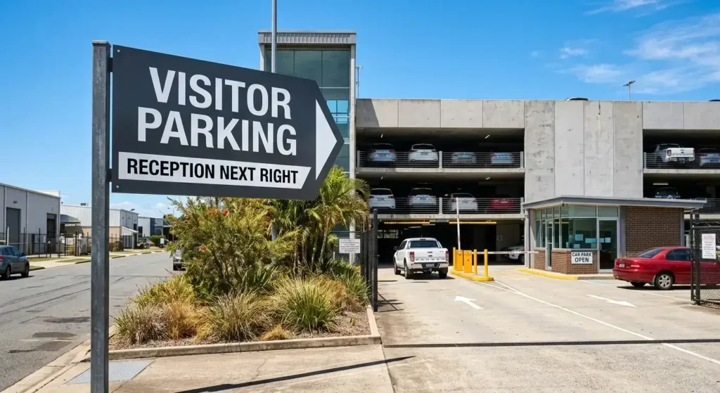 Heavy-duty aluminum directional wayfinding signage directing drivers to visitor parking and reception at a Queensland commercial entrance.