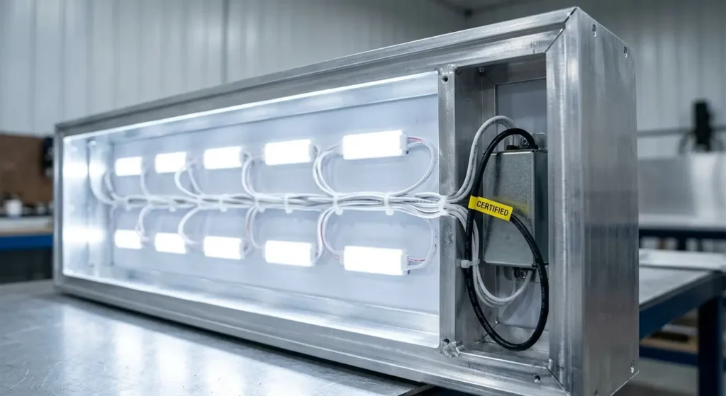 Inside view of a lightbox sign showing LED modules and wiring, explaining the electrical components that add to the signage cost of illuminated signs.