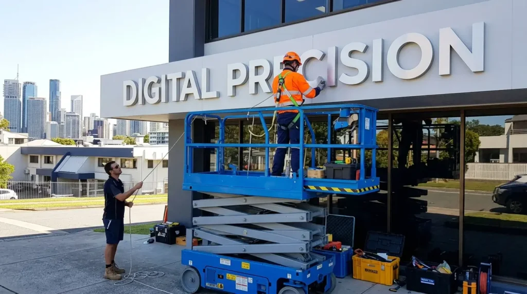 A signage installation technician on a scissor lift mounting a large outdoor sign, illustrating how site access and height affect the installation portion of signage cost.