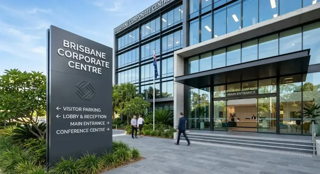 Dark grey aluminum exterior wayfinding signage with white directional lettering outside a modern glass Brisbane corporate office building.
