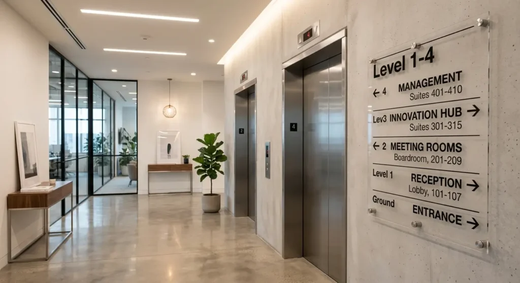 Clear acrylic wayfinding signage mounted with brushed metal standoffs in a modern office lift lobby.