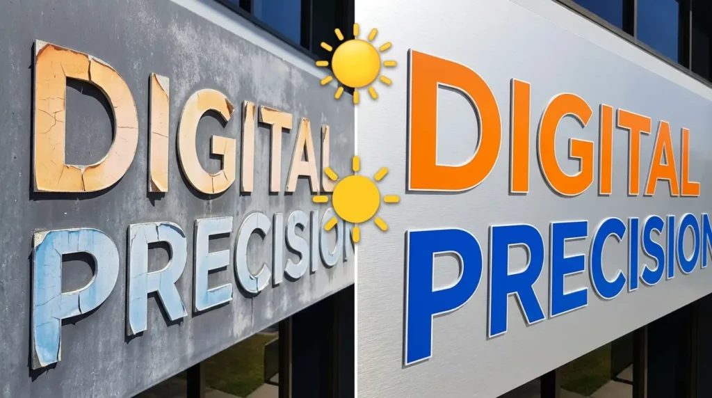 A side-by-side comparison showing cracked, faded cheap vinyl versus durable, UV-resistant material, demonstrating how material choice affects long-term signage cost and value.